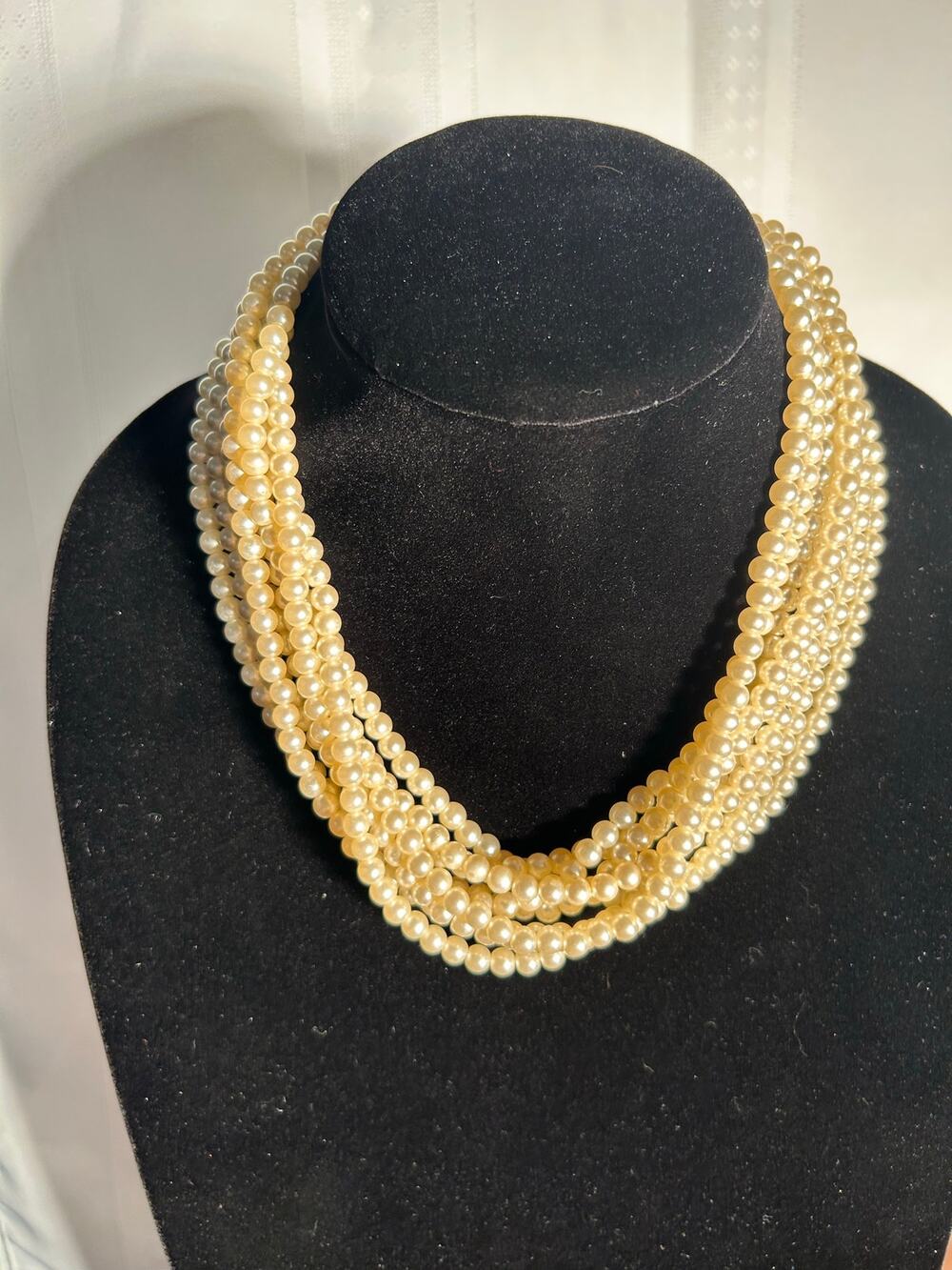 Vintage 8 Strand Faux Pearl Waterfall Statement Necklace Cream White 18 Inch